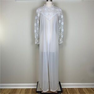Shadowline Vintage Sheer Peignoir Robe Ivory Embellished Size S Full Length Gown